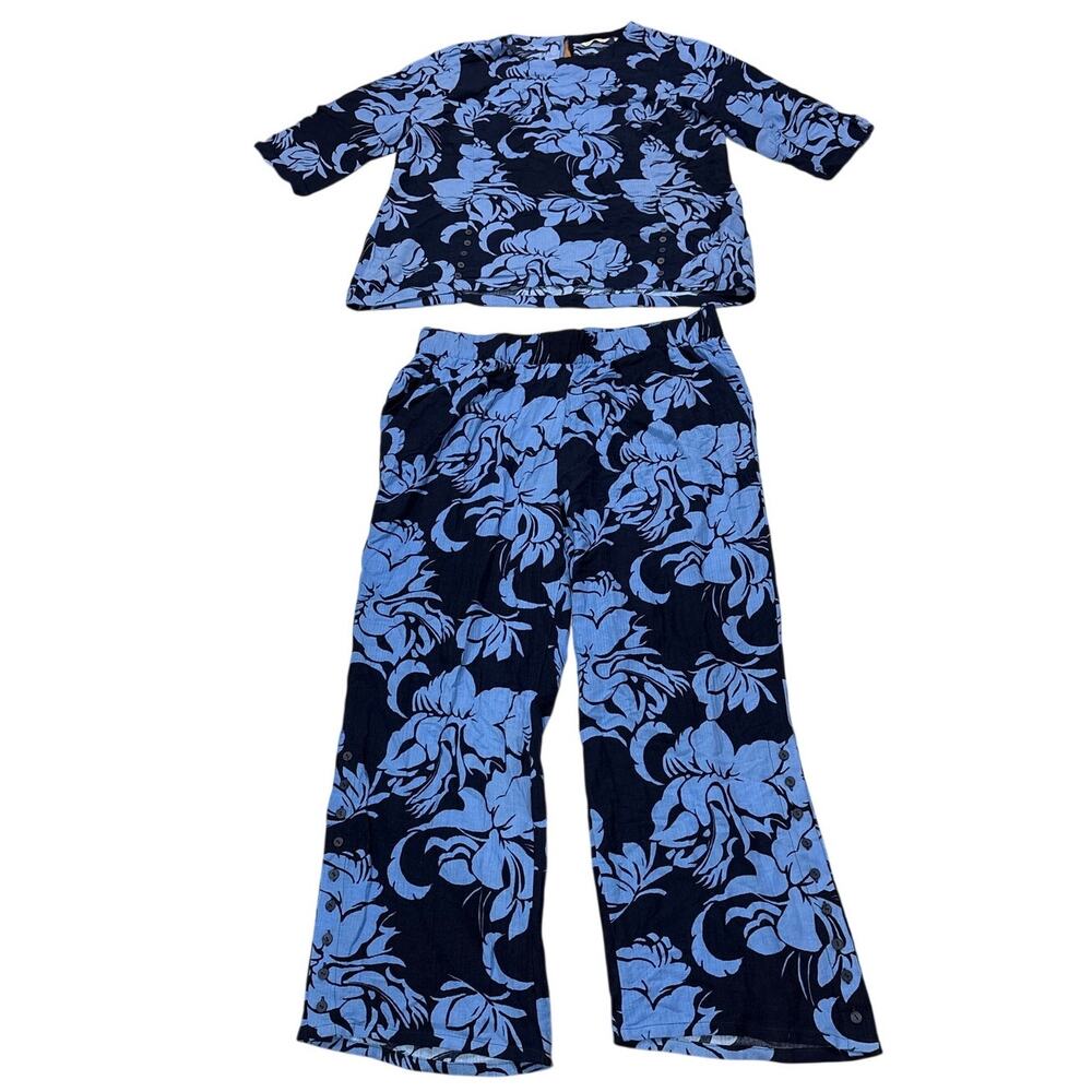 Soft Surroundings Womens 1X Blue 2 Piece Set Outfit Blouse Pants Vacation Resort